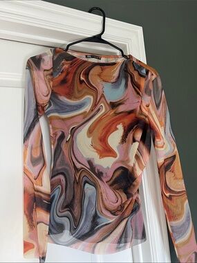 Zara Multicolor Swirl Long Sleeve Mesh Top - Rust, Pink, Cream, Blue